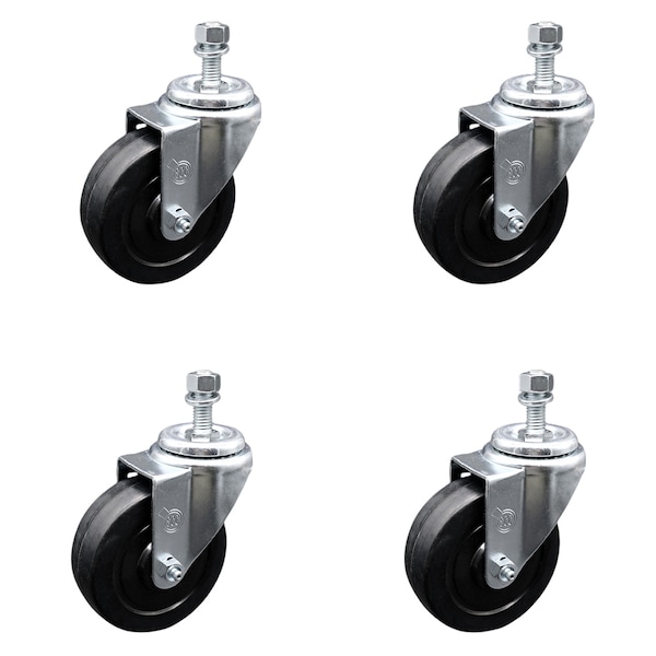 4 Inch SS Soft Rubber Wheel Swivel 3/8 Inch Threaded Stem Caster Set SCC